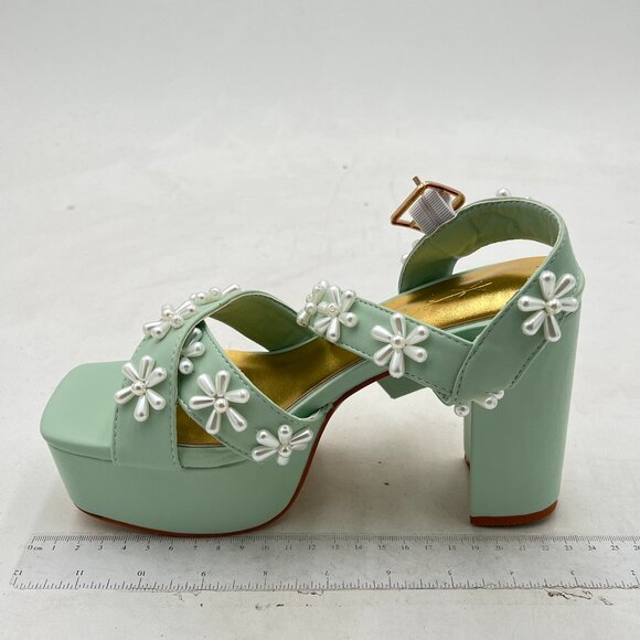 XYD Light Green Platform Bloom Pearl Flower Ankle Strap Open Toe Bridal Sandals - Picture 1 of 7